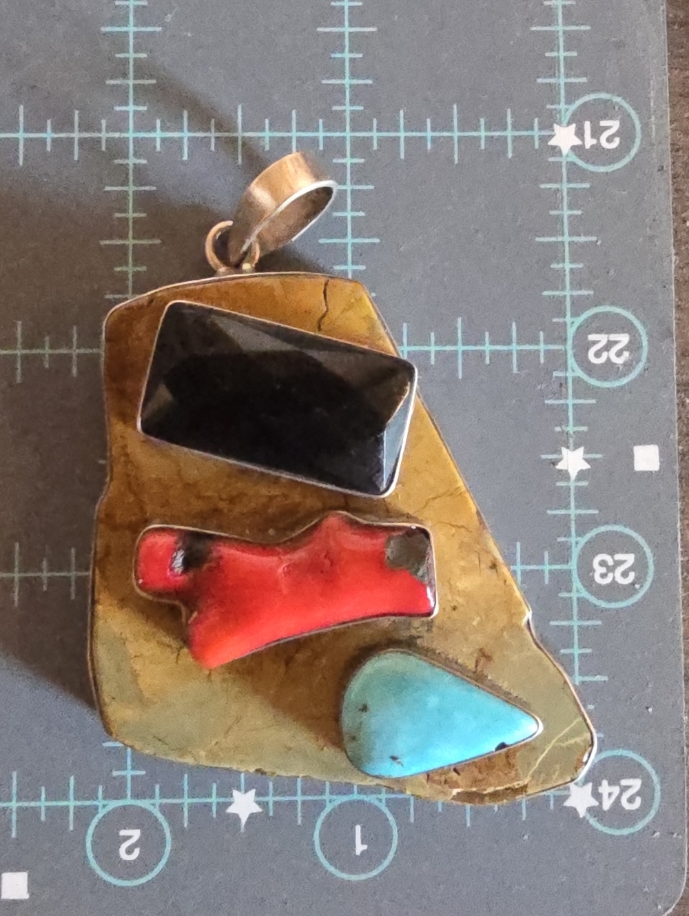 Artisan Southwestern Style Sterling Turquoise Branch Coral Faceted Jet Pendant - Picture 8 of 9